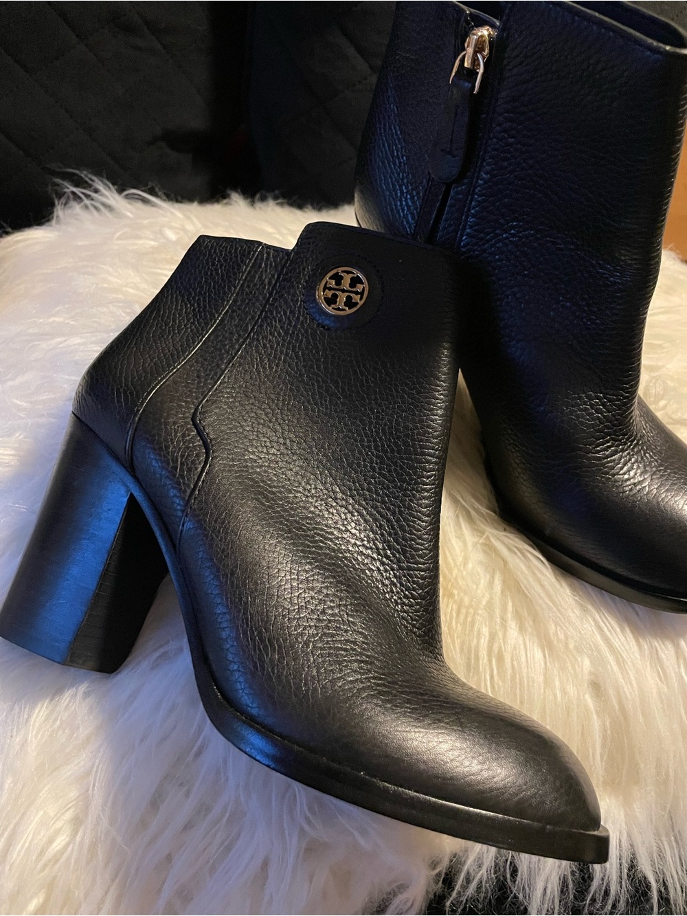 Tory Burch Black Pebbled Leather Ankle Booties with Gold Logo